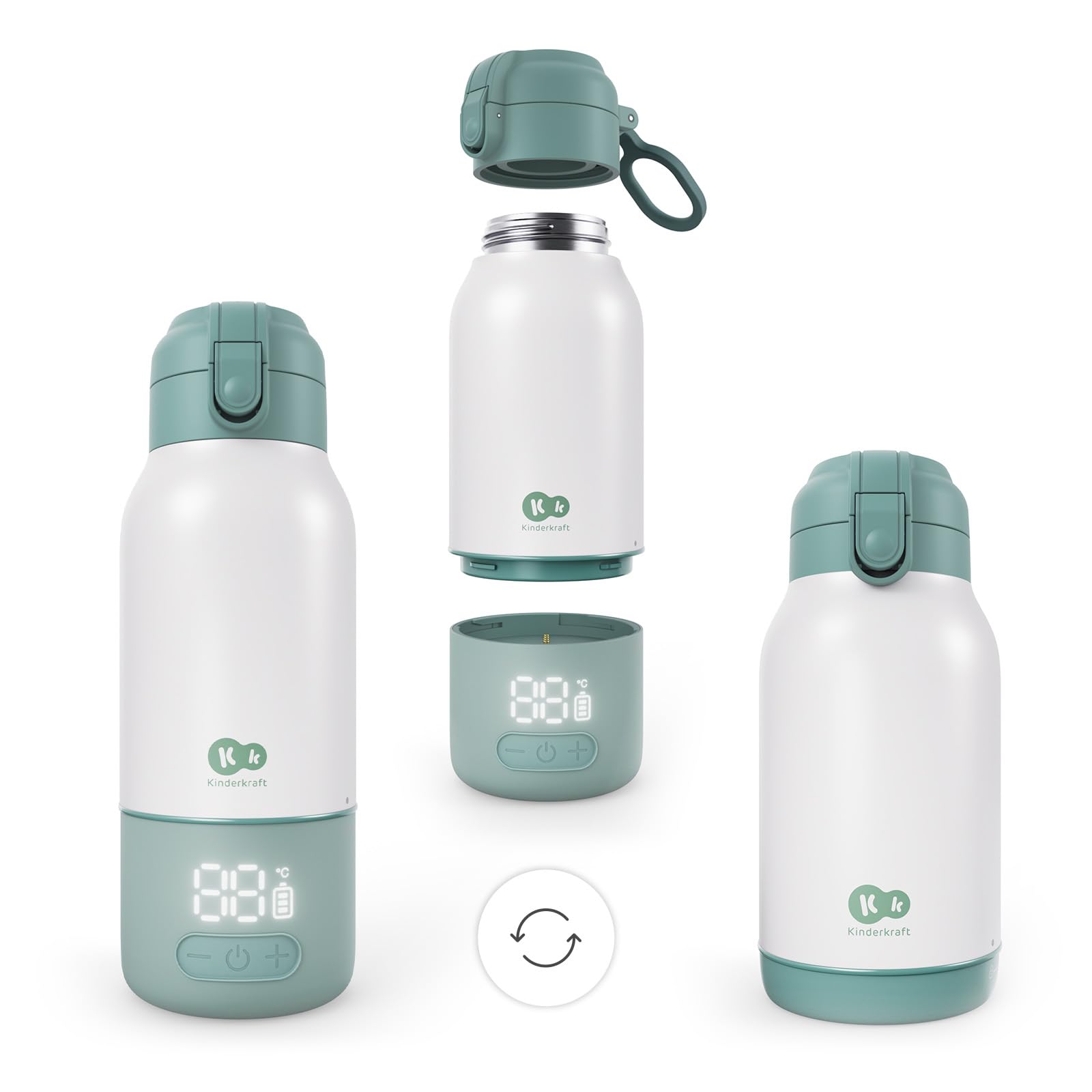 Kinderkraft GAJA scaldabiberon portatile e thermos 2 in 1 500 ml, 5 livelli di temperatura 37–55°C, batteria rimovibile, mantiene il calore fino a 20 h, ricarica USB-C, Verde