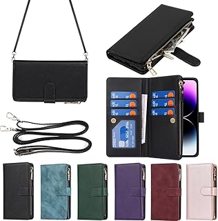 Eastwave アイフォン 15 Pro ケース For iPhone 15pro 縄掛けケース For iPhone15pro 手帳型 財布型 ICカード コインポケット ストラップ付き カード 収納 小銭入れ ファスナーポケット付き PUレザー 6色ブラック