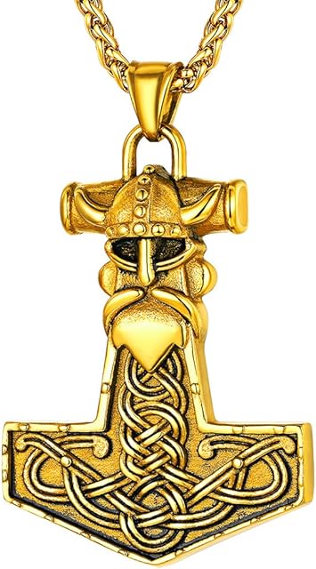FaithHeart Personalised Thor Hammer Necklace Viking Jewellery for Men Engraved Odin Helmet/Mjolnir Pendant Nordic Runic Necklaces Talisman Amulets Protective Jewelry Norse Gift (Stainless Steel)