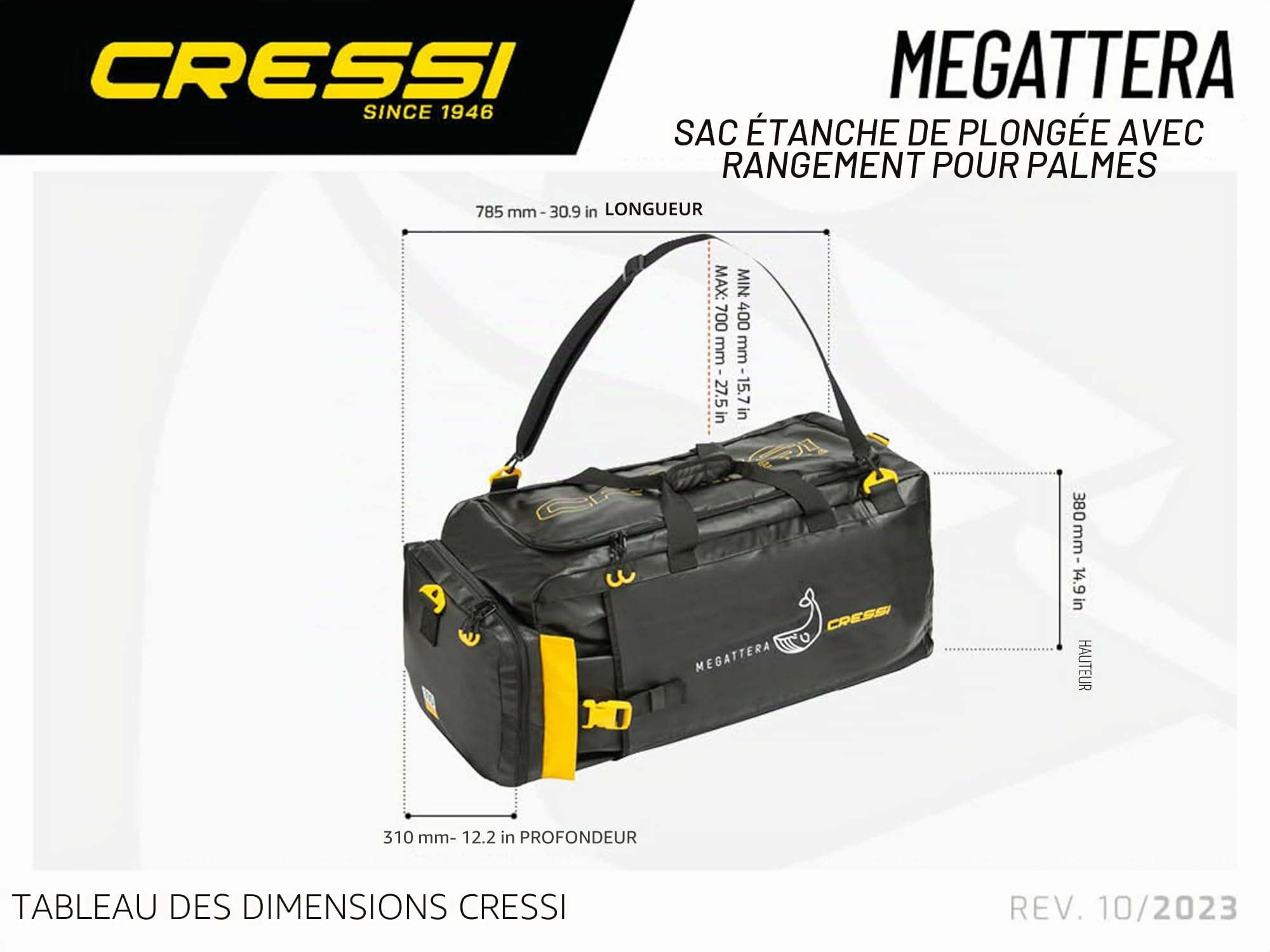 Cressi Megattera Sac de Plongée Imperméable en Tarpaulin 500D avec Compartiment pour Palmes et Poches pour Équipement de Plongée, Sac Étanche pour Plongée, Snorkeling, Apnée, Mer et Piscine