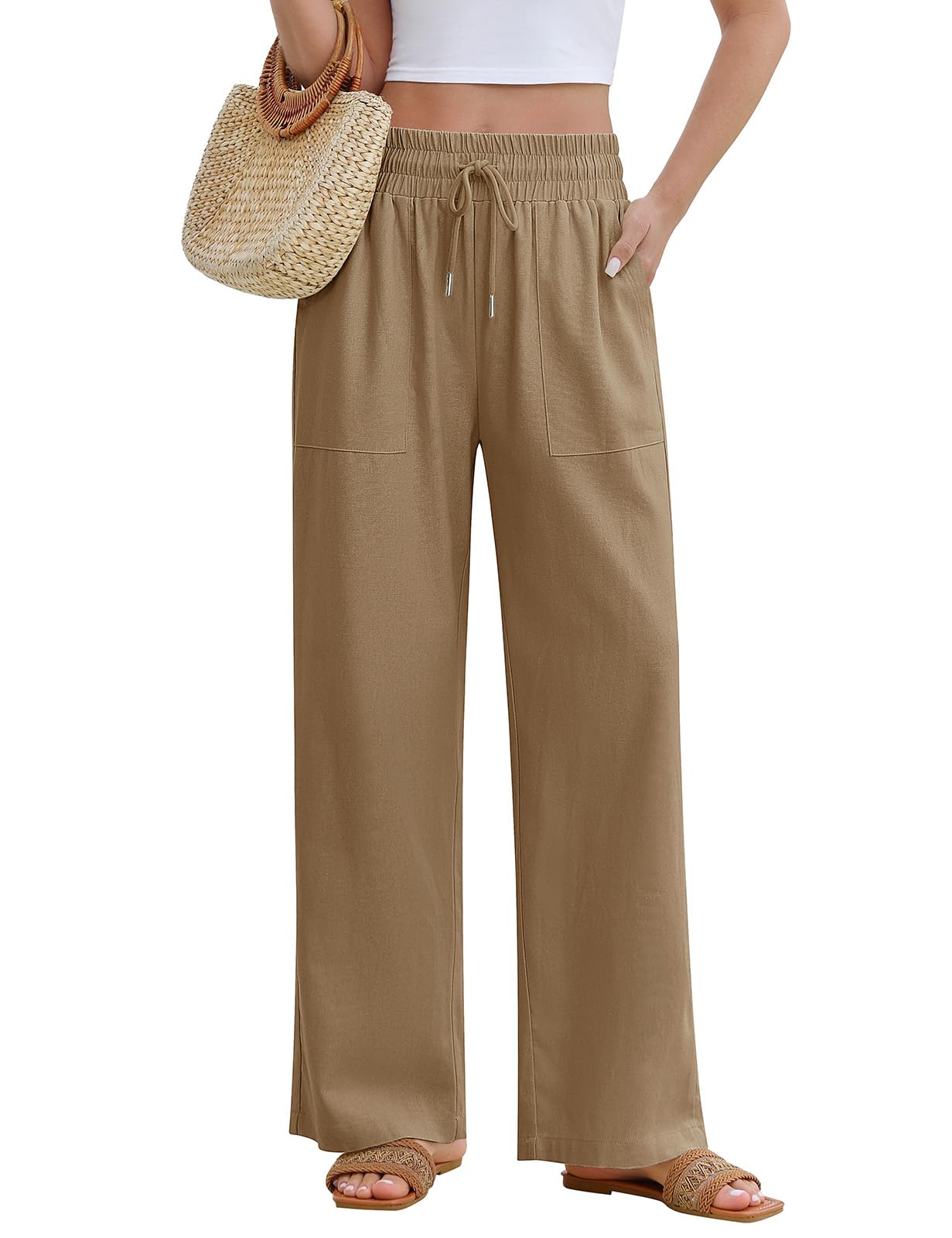 PASUDA Pantaloni Donna Estivi Lino Pantaloni Leggeri Larghi Elastico Vita Alta Lunghi Gamba Dritta Eleganti Pantaloni Palazzo da Spiaggia Jogging Solido Sciolto Casual Comodi con Tasche