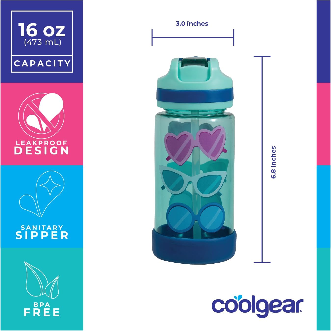COOL GEAR Kid's Pier Leakproof Sipper Water Bottle, Finger Loop on Cap for Easy Carrying, 16 Ounce, 2 Packs - Glasses/Magic