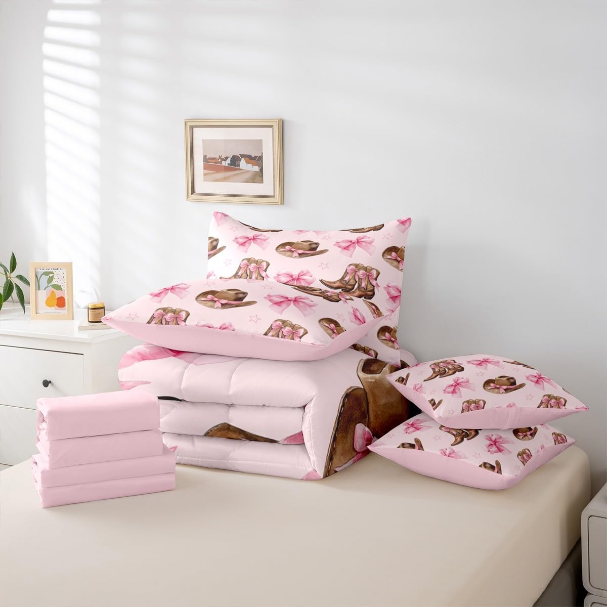 Erosebridal Cowgirl Boots and Bows Twin Bedding Set 7 Piece for Girls,Cute Pink Bow Hat Comforter Set with Sheets for Kids Teen,Pink Western Bowknot Bed Set,Retro Country Cowboy Fitted Flat Sheet