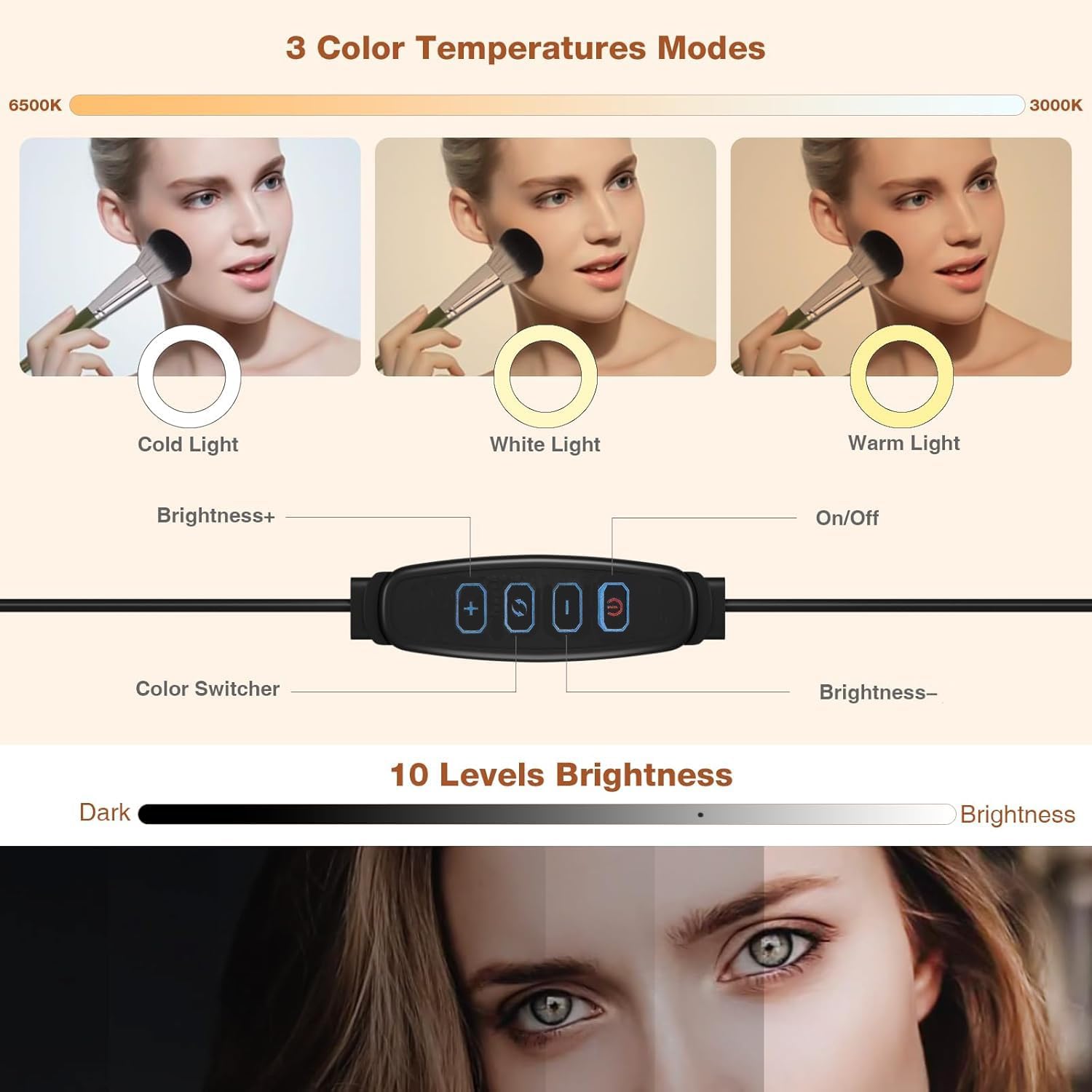 Suction Cup LED Vantiy Lights for Mirror, Flexible Gooseneck Stick on Selfie Ring Light for Makeup Vanity Table & Bathroom Mirror, 3 Color Modes & 10 Brightness, Plug in, Black