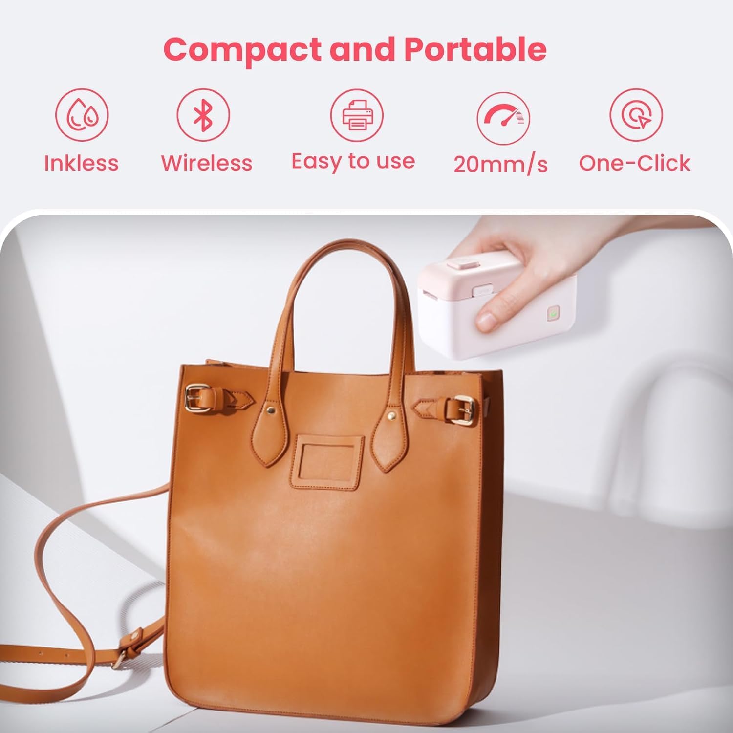 The vretti HP4 Mini Thermal Bluetooth Label Printer, highlighting its compact and portable design, inkless operation, wireless connectivity, ease of use, 20mm/s print speed, and one-click functionality.