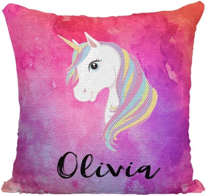 Violet Victoria & Fan Star Personalized Unicorn Sequin Mermaid Flip Pillow Pink Watercolors Red Sequins, Polyester Insert, 16x16 Inches
