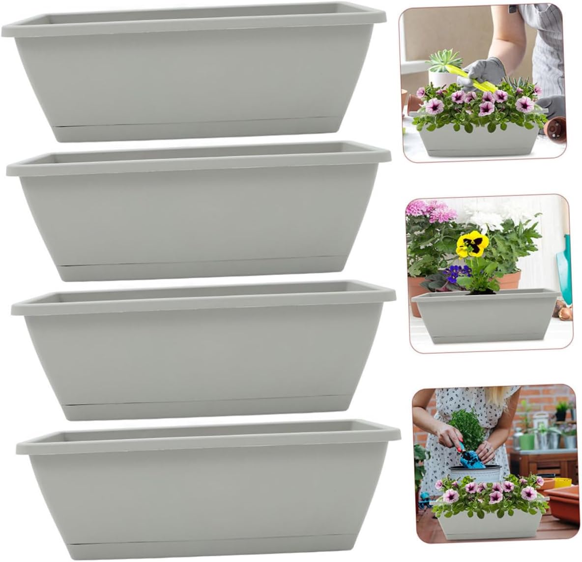 4pcs Large Window Box Planter Pots for Vegetables and Succulents Plastic Resin Flower Planting Containers with Drainage for Indoor Outdoor Balcony Gardening