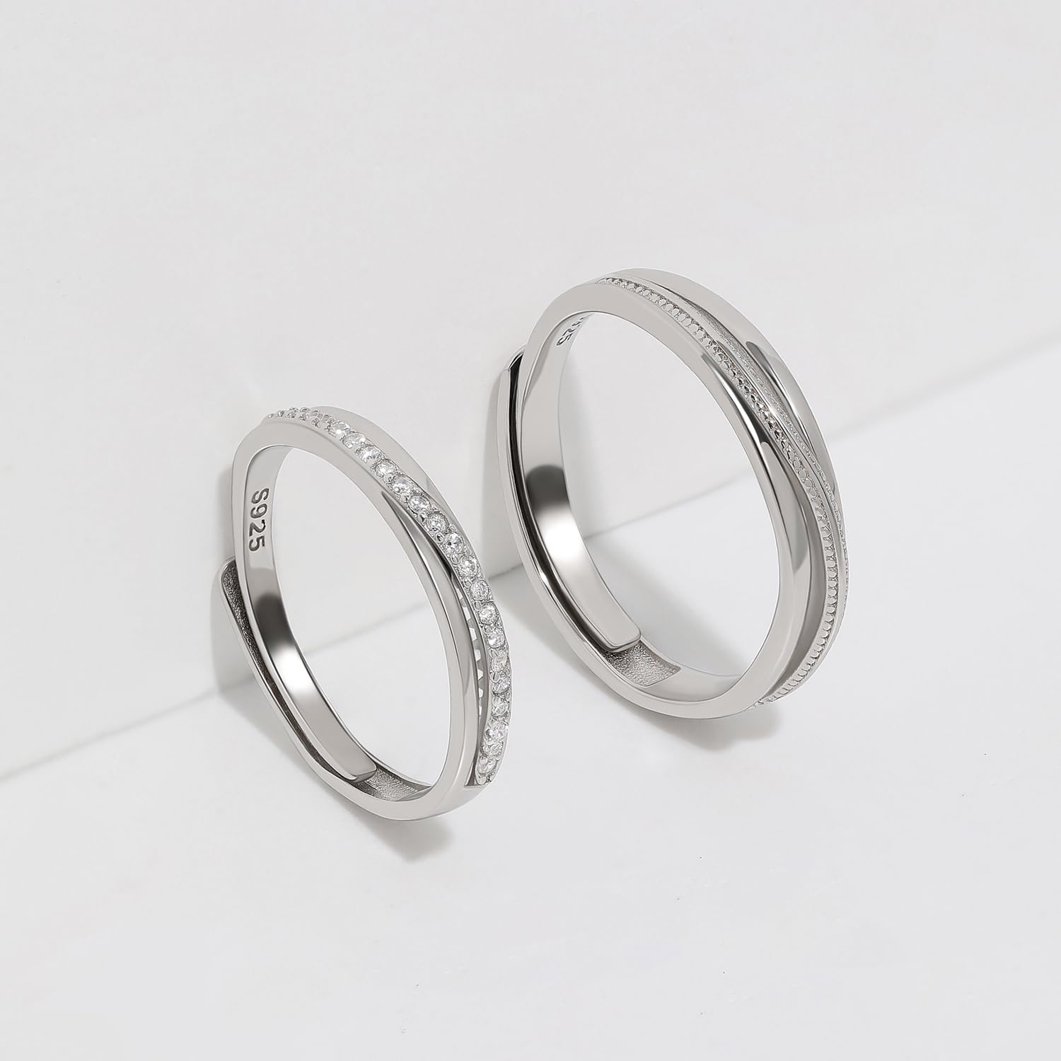Meissa 925 Plata Anillos para hombre Anillos de compromiso para parejas ajustable con circonita cúbica Anillos de boda Joyas de boda Regalo San Valentín, Juego de Dos Anillos (Grabado)