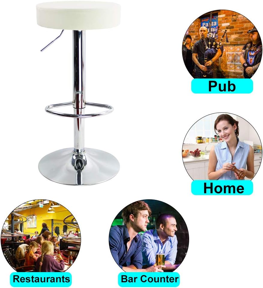 KKTONER Round Bar Stool PU Leather with Footrest Height Adjustable Swivel Pub Chair Home Kitchen Bar stools Backless Stool (White)