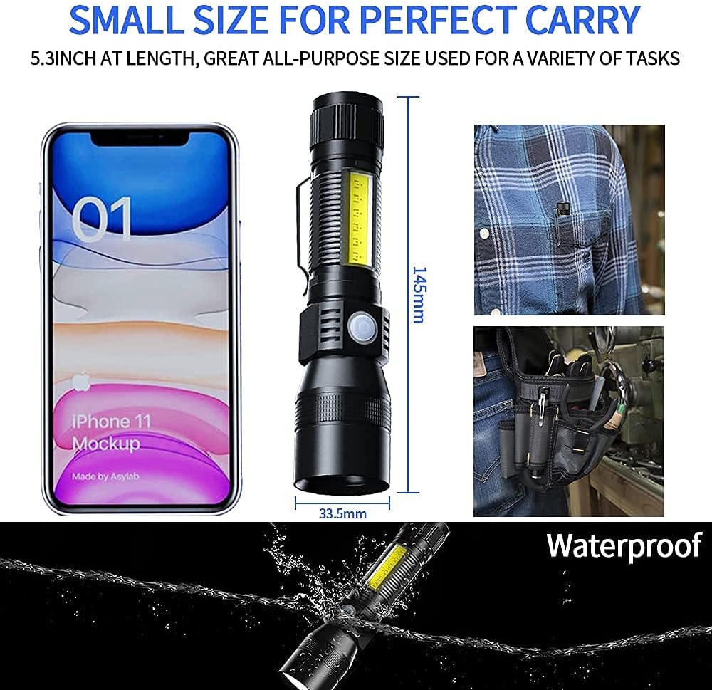 Rechargeable UV Flashlight, 3in1 Tactical Flashlight LED UV Black Light with Redlight, 2000 High Lumen Magnetic LED Flashlight with COB Sidelight, 7 Mode, Zoomable, Waterproof for Camping,Emergency