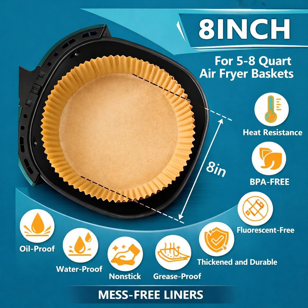 100 Pack 8 Inch Round Air Fryer Liners, Disposable Unbleached Parchment Paper, Non Stick and Grease Resistant, Heat Resistant Baking Paper for Air Fryer and Oven