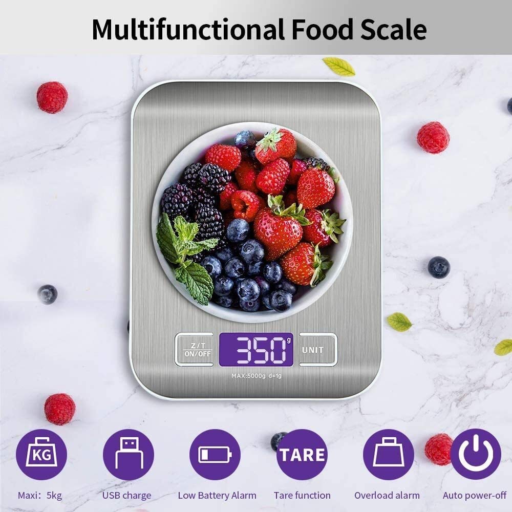 Báscula de Cocina Digital Recargable, báscula Digital, 5 kg/0,1 g, función de Tara, Apagado automático, Pantalla LCD retroiluminada, báscula electrónica de Alta precisión