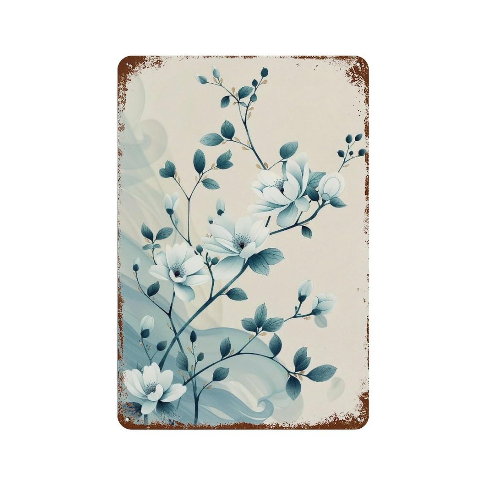 Wihyrtui Style Soft Gradient Teal Oriental Floral Twigs 03 Wall Retro Iron Metal Tin Sign Vintage Art Poster Modern Home Cofffee Club Art Bar Shop Decor 30X20cm