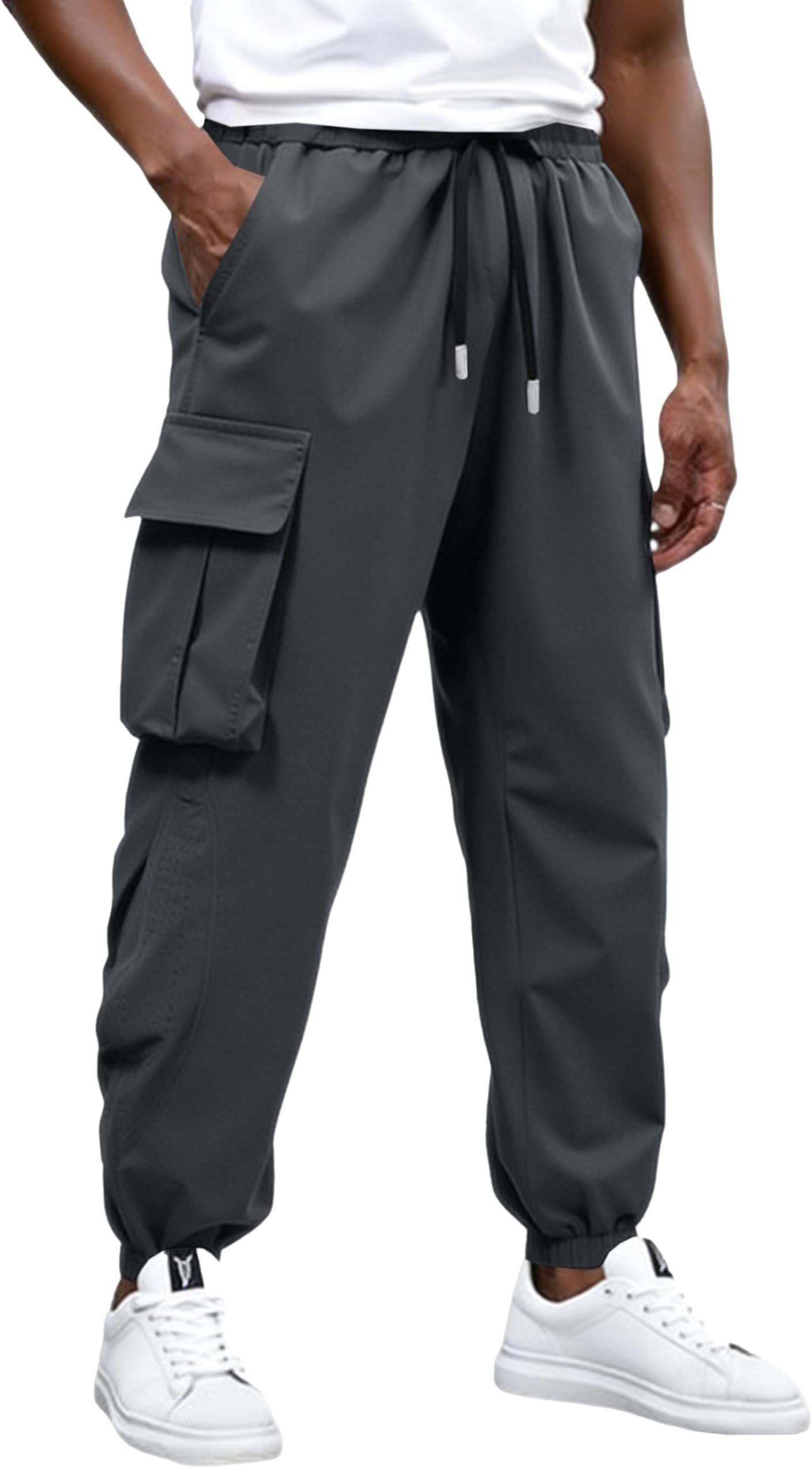 Mens Cargo Pants Drawstring Casual Hiking Pants Joggers Athletic Trousers Cotton Loose Straight Sweatpants for Men