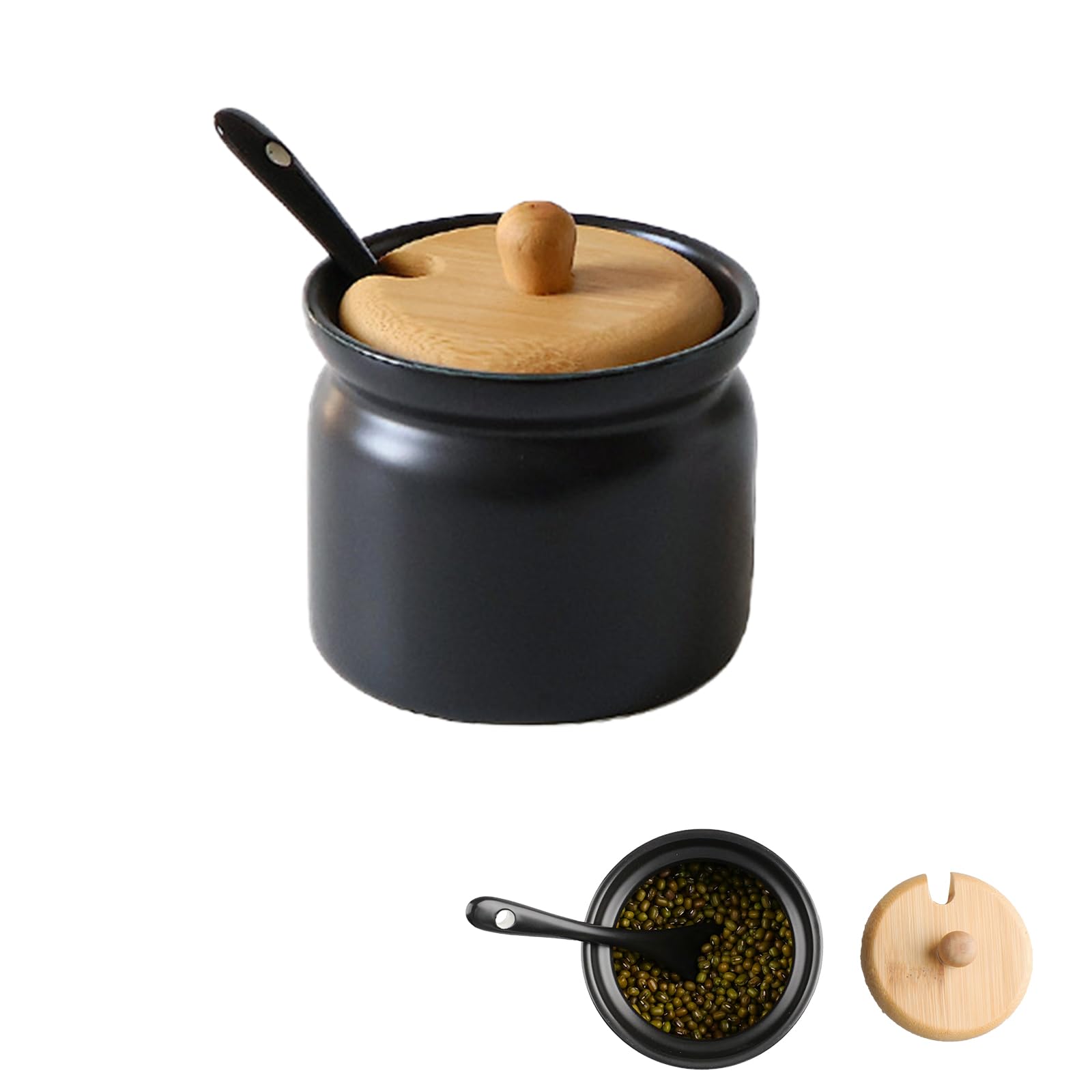 Keramik Zuckerdose Schwarz Bambusdeckel mit Löffel 180 ml 6.8 x 8cm | Luftdichte Keramik Zuckerdose mit Bambusdeckel & Löffel, platzsparend, für Zucker Salz Gewürze Küche