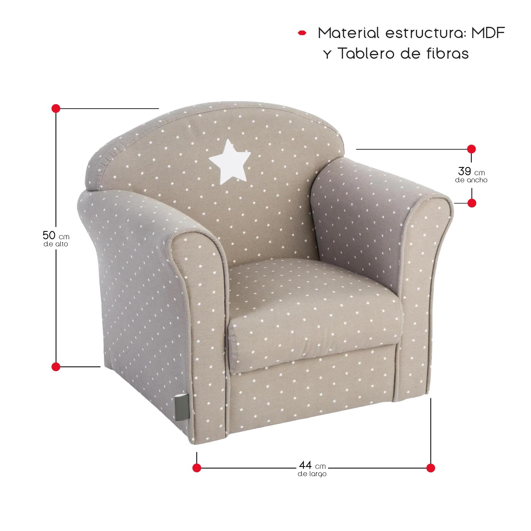 TIENDA EURASIA – Sillon Infantil | Gris Topo | Medidas 44 x 39 x 50 cm | Tapizado en Tela de Algodón y Estructura en MDF | Diseño Estrellas Blancas | Resistente y Acolchado