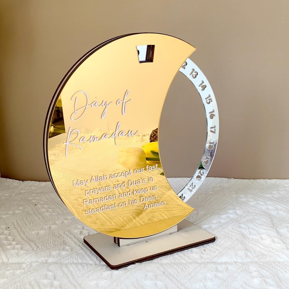 Ramadan Advent Calendar, Creative Ramadan Countdown Calendar, Ramadan Advent Countdown Acrylic Moon Ornament Ramadan Table Decoration Festival Reminder Rotating Calendar Desktop Ornament (Color : A)