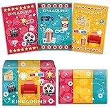 JuNa-Experten 12 Einladungskarten incl. 12 Umschläge Kindergeburtstag für Mädchen Jungen Kino-Party (4 x blau, 4 x pink, 4 x gelb) / Bunte Einladungen zum Geburtstag / Geburtstagseinladungen