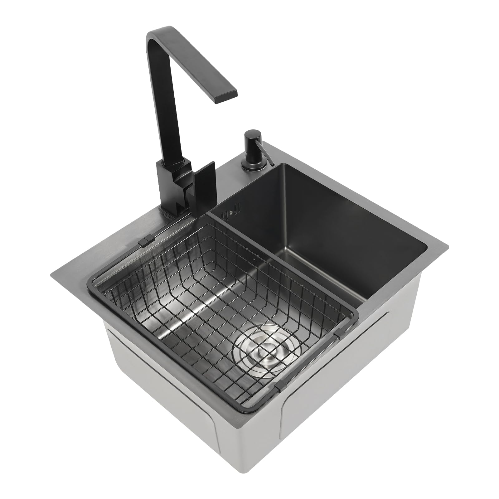 Fregadero de cocina 1 bandeja de acero inoxidable, Fregadero empotrable antimanchas, antiarañazos, revestimiento con grifo, dispensador de jabón, cesta de drenaje, sifón completo, montaje Topmount