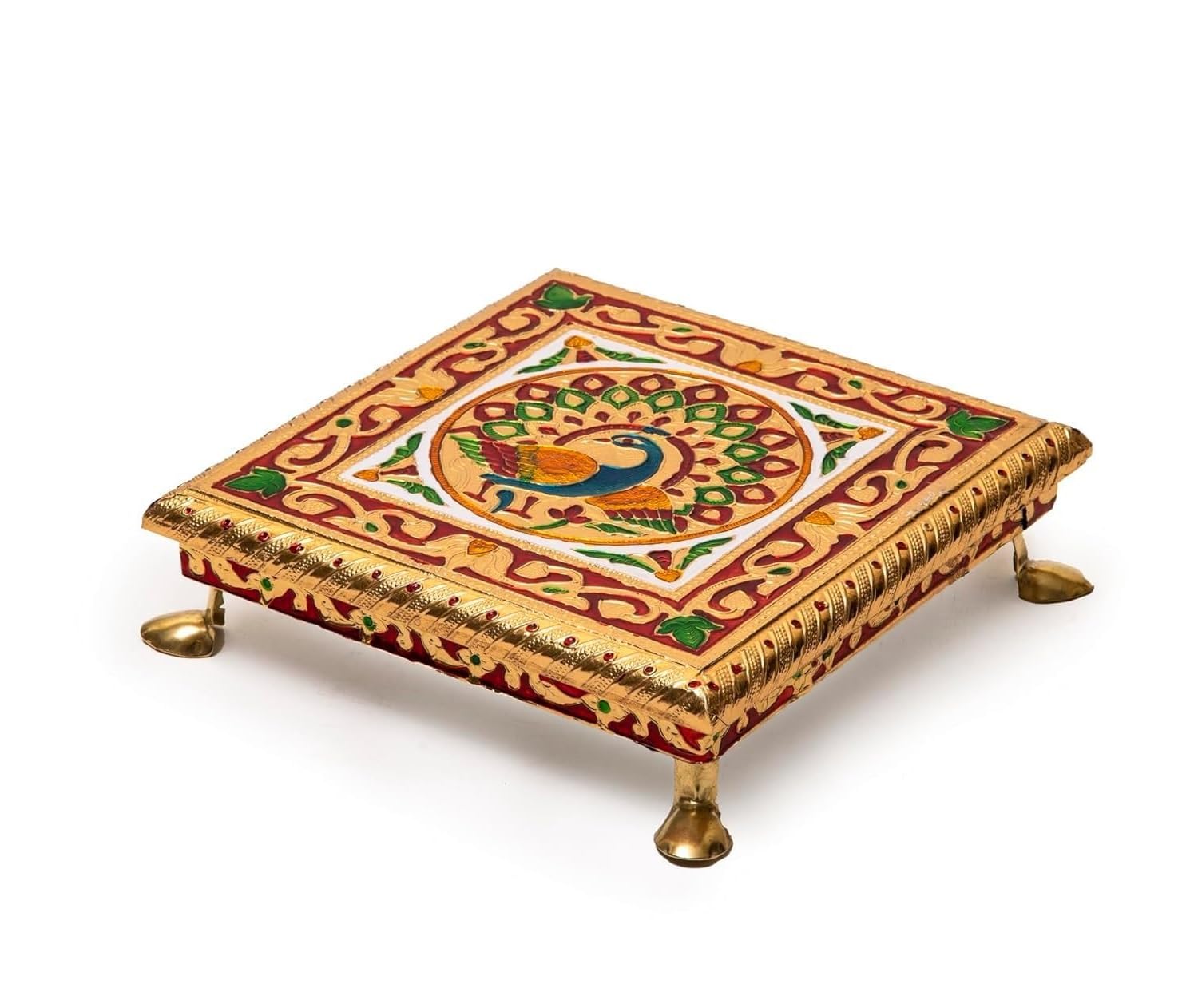 XSOURCE Wooden Bajot Pooja Chowki Handcrafted Multicolor Meenakari Artwork Chowki Handmade Meenakari Chowki Wooden Manai Palagai (6X6 Inch)