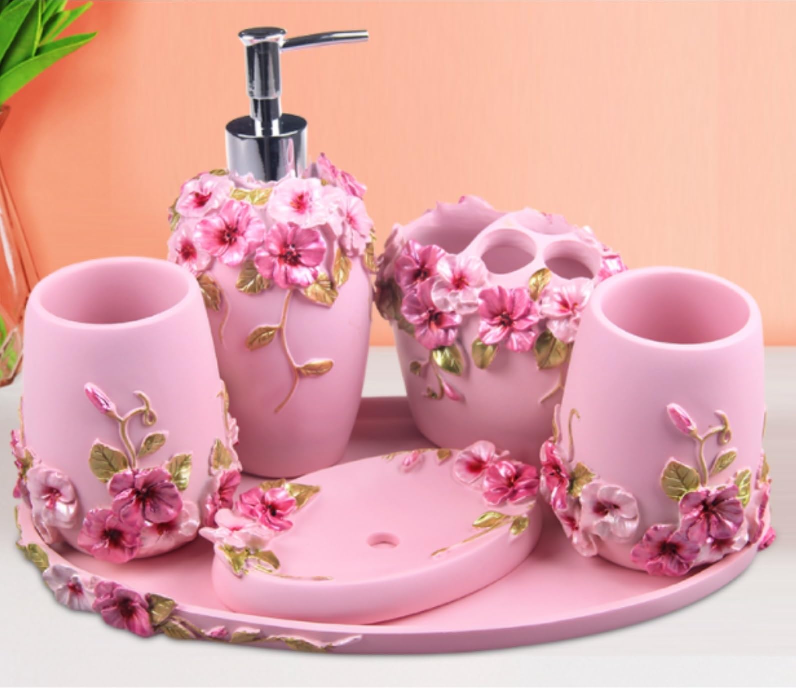 Accesorios De Baño Juego De 6 Dispensadores De Líquido para Baño, Accesorios De Baño De Resina, Soporte para Cepillo De Dientes, Jabonera, 2 Vasos Set De Baño Accesorios