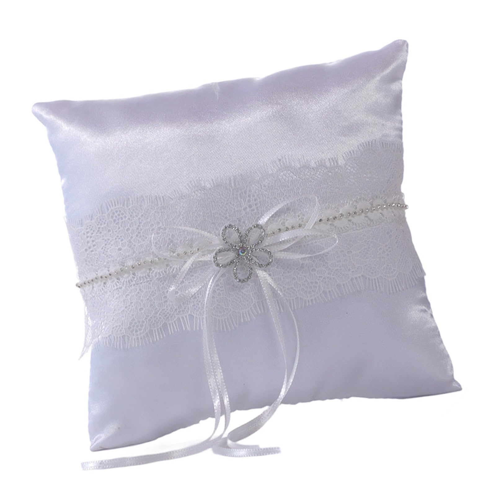 Wedding Bearer Pillow with Rhinestone & Lace Ribbon Embroidered Wedding Holder for Ceremony Beach Party