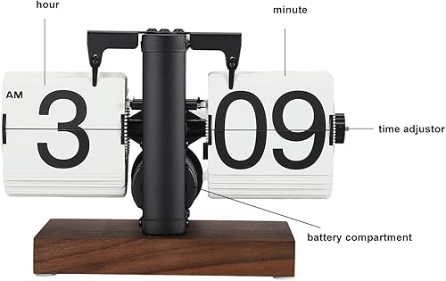 Miniatura 9 de Reloj automático retro, reloj de escritorio abatible de 12 horas con base de madera, reloj despertador con tapa de número grande, reloj giratorio