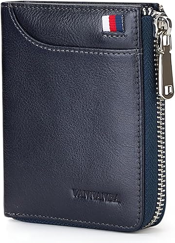 VANNANBA Billetera de piel auténtica con cremallera para hombre, con bloqueo RFID, doble cremallera alrededor de billeteras con bolsillo para