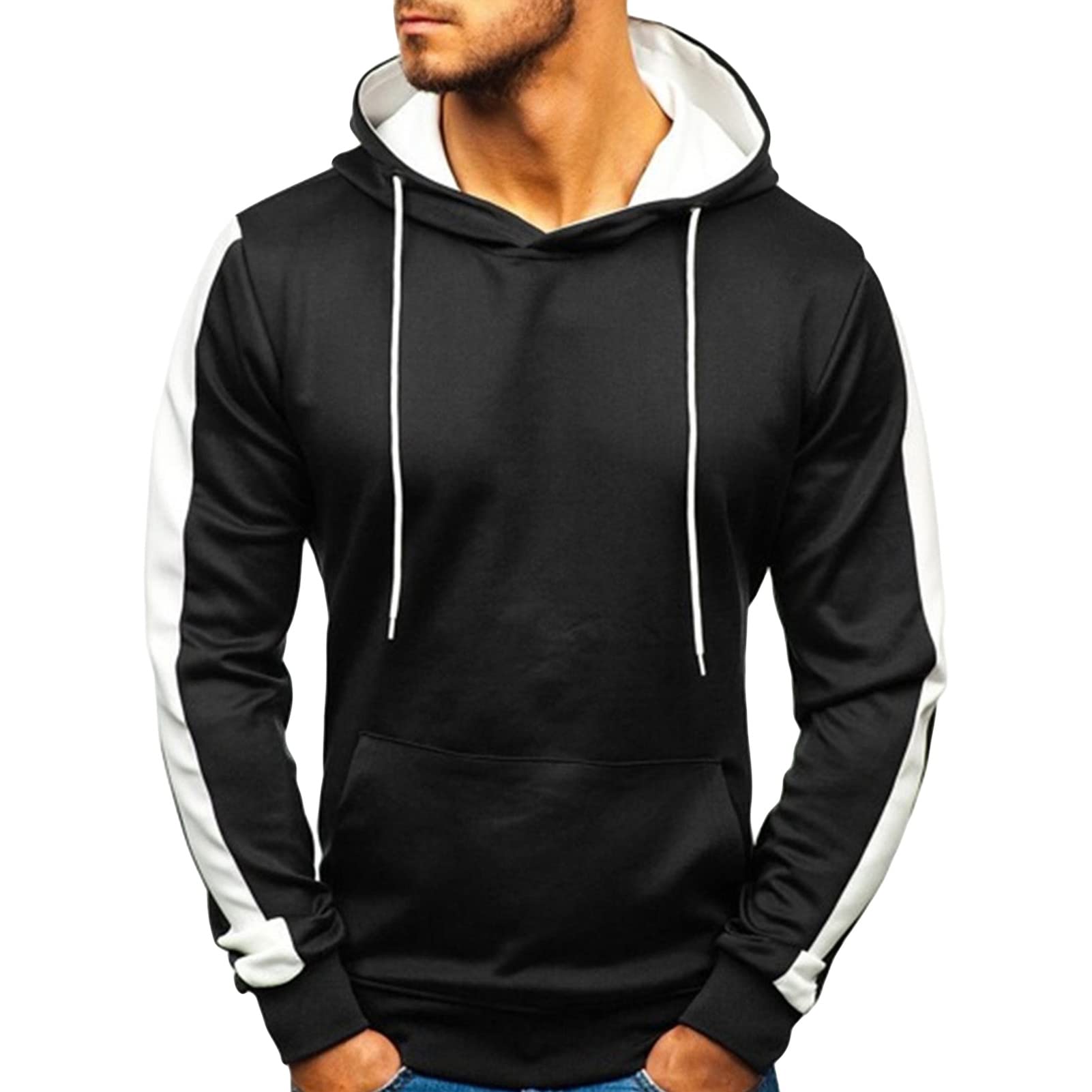 Maiyifu-GJ Men's Stripe Slim Athletic Hoodies Color Block Pullover Hoodie Contrast Color Hooded Sweatshirt with Kanga Pockets (Black,X-Large)
