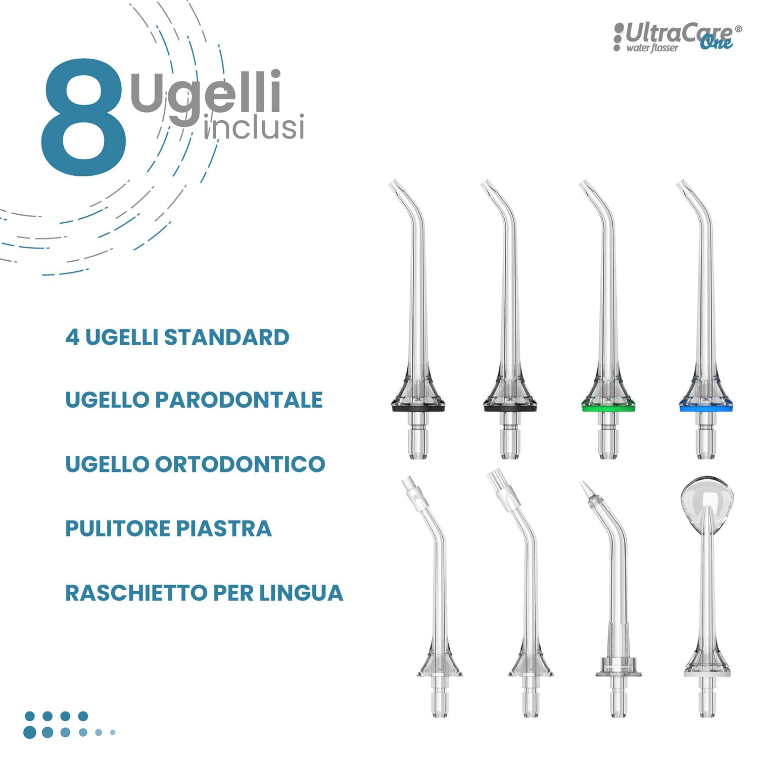 Ultracare One idropulsore dentale professionale della famiglia Aquapik. 4 modalità, 6 livelli di pressione. 8 ugelli. Serbatoio dell'acqua da 250 ml. Ricaricabile tramite USB. Borsa da viaggio inclusa