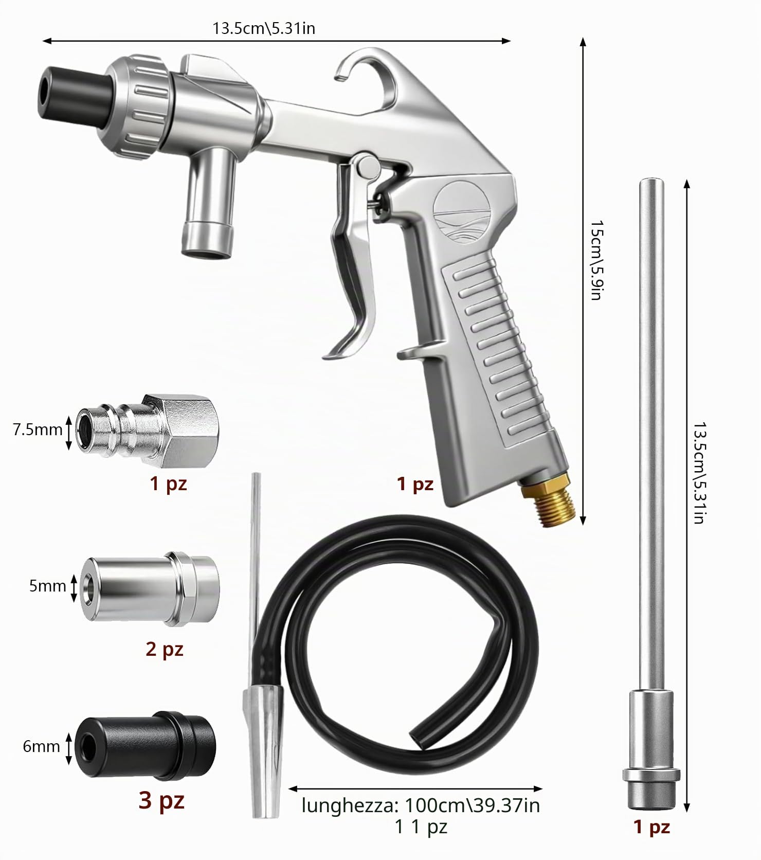Pistola per Sabbiatura Set 5/6 mm con Ugello Lungo per Compressore