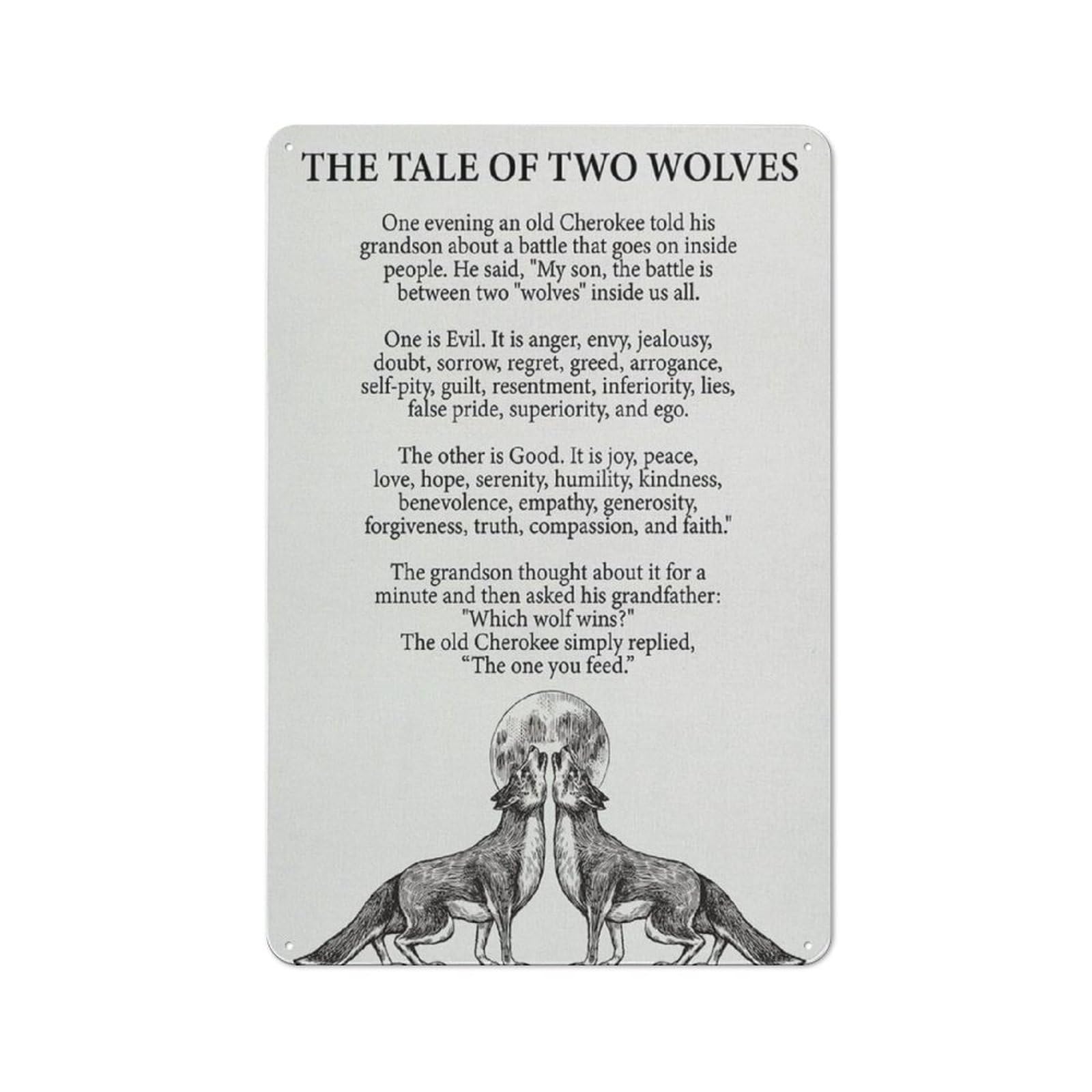 ACDOET Rustic Metal Tin Sign Motivational Quote Inspirational Two Wolves Painting Wall Art Office Home Decor Positive Wolf Poster Picture Artwork 8x12 Inch