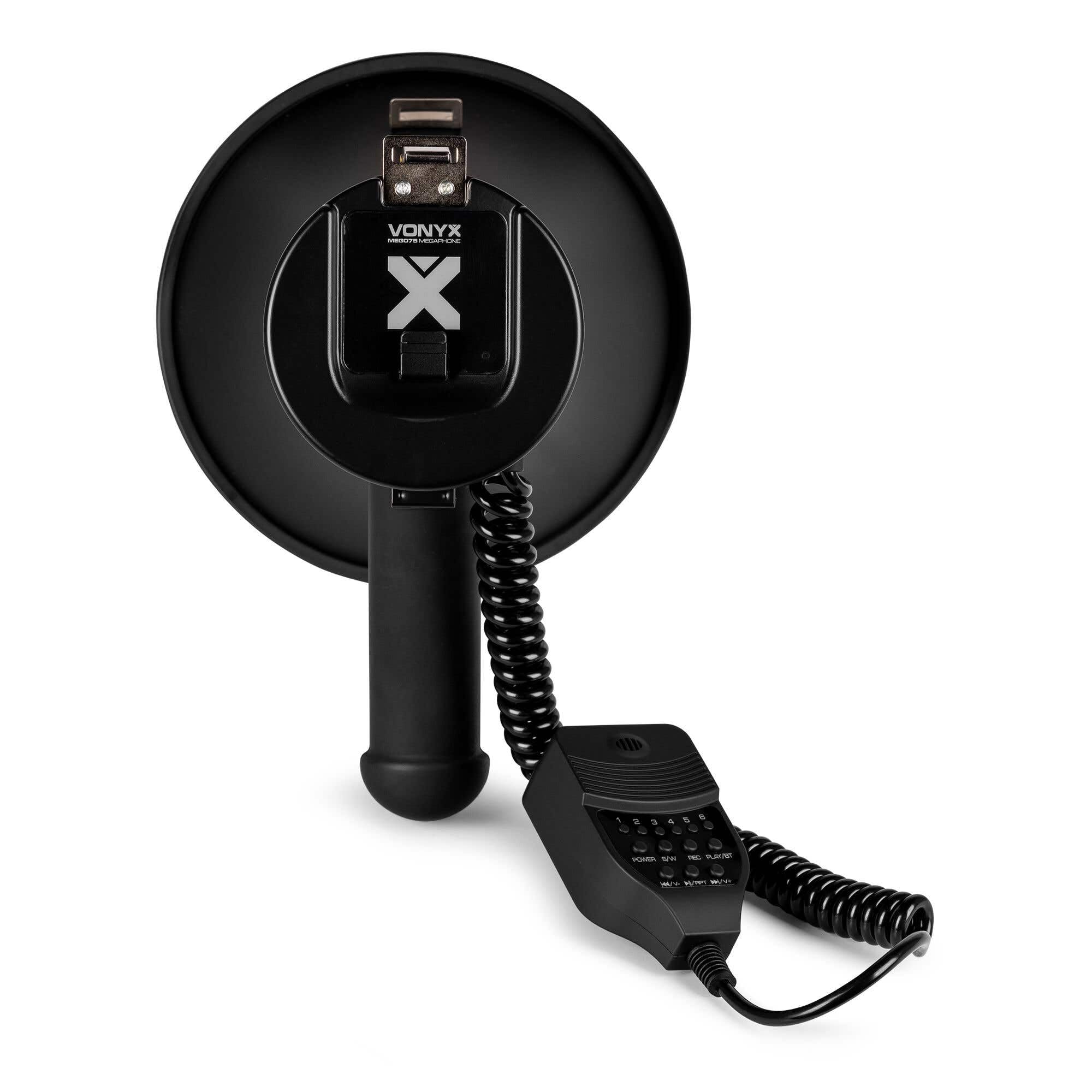 Vonyx MEG075 - Megáfono portátil Potente 75W con Bluetooth, USB, microSD, 2 baterías Recargables, megáfono pequeño con Sirena, micrófono con Cable, Ideal para Fiestas, Eventos y Despedidas de Soltera