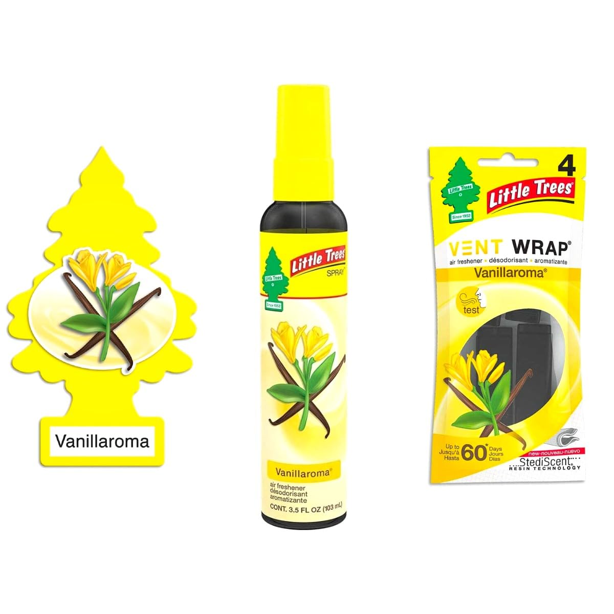 Little Trees Air Freshener | Vent Wrap pack of 4 | 1 Bottle Little Tree Spray | 6 Little tree Hanging Tree For Home, Trucks, RV, Van or car AHSR Products bundle (Vanillaroma)