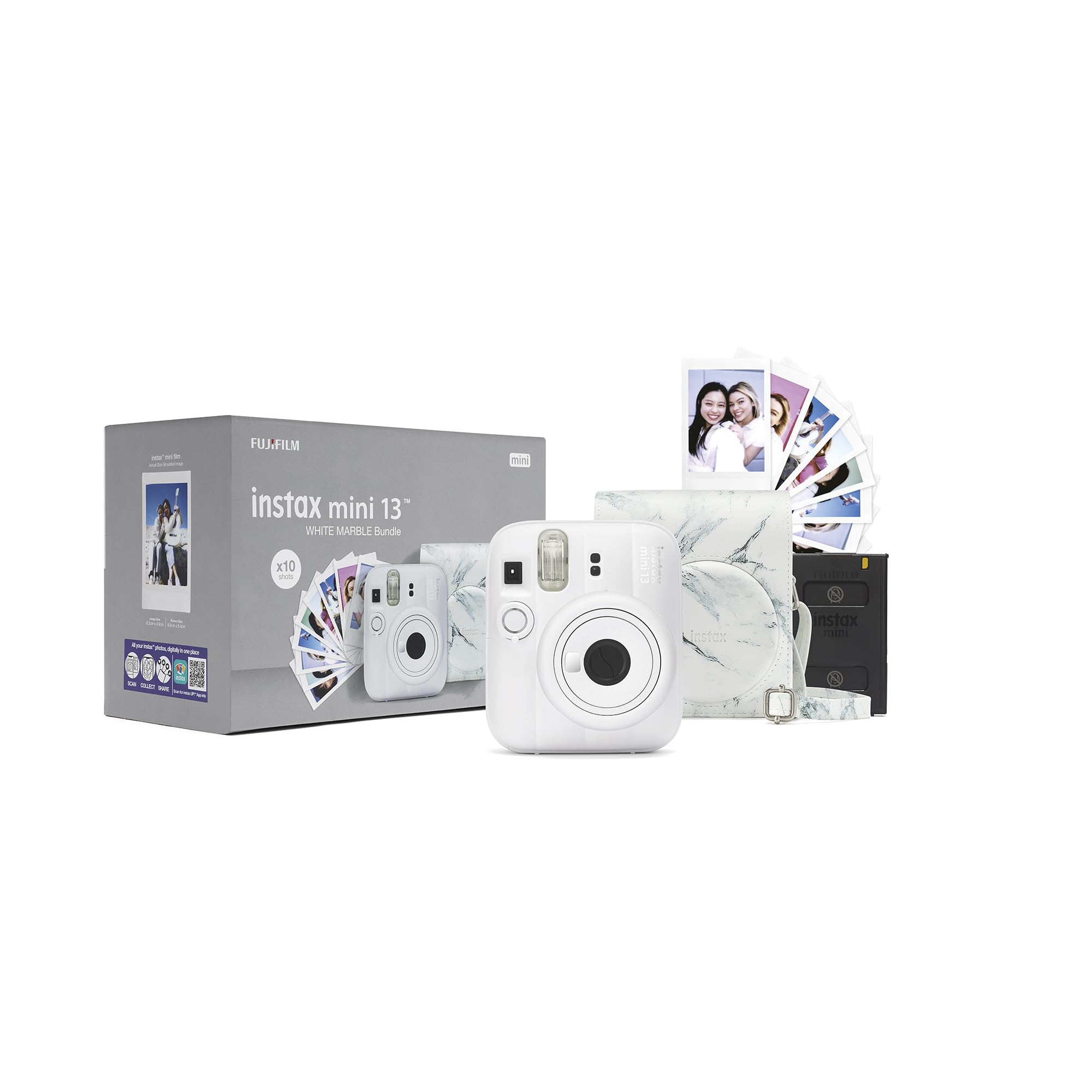Bundle instax Mini 13 Blanc marbré Comprenant 1 Appareil Photo instantané instax Mini 13 Blanc Argile, 1 étui avec bandoulière marbré, 1 Film de 10 Vues, Autocollants Photo