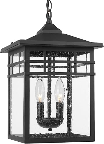 Farol colgante para exteriores para porche delantero, 10 pulgadas, grande, negro, lámpara colgante con pantalla de vidrio sembrado para patio,