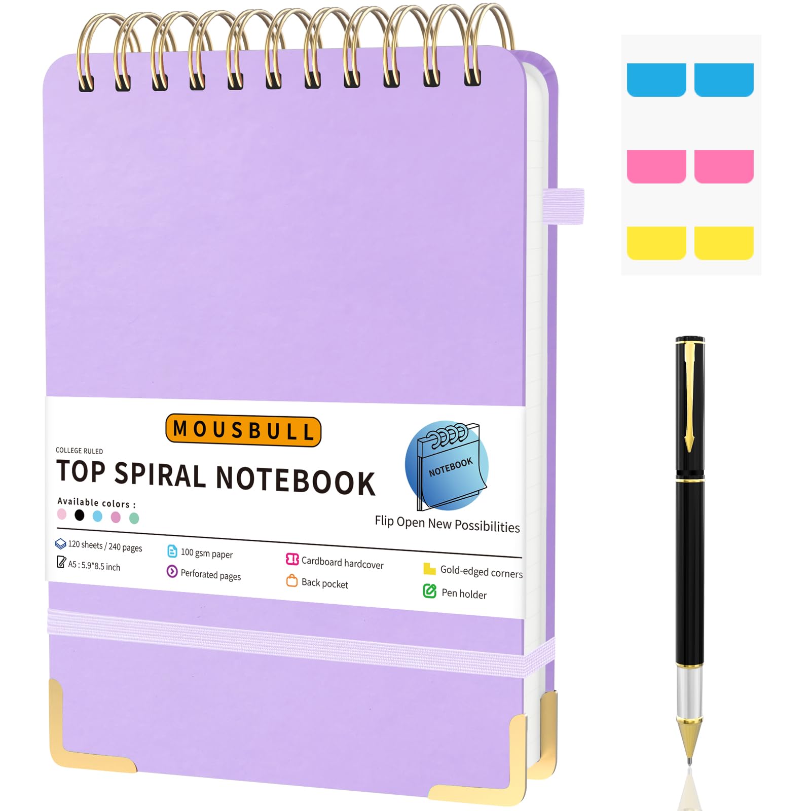 Mousbull Top Spiral Notebook, A5 Hardcover Top Bound Steno Pads, 240 Pages 100gsm College Ruled Left Handed Notebook Journal for Work, School, Meeting