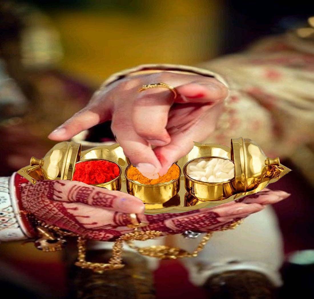 Denique Brass Boat Shape Pooja Thali Kuyri for Rituals Roli Chawal Akshat Dibbi Chandan Chopala Elaichi Mishri Haldi Kumkum Mug Holder Karanda for Everyday Puja