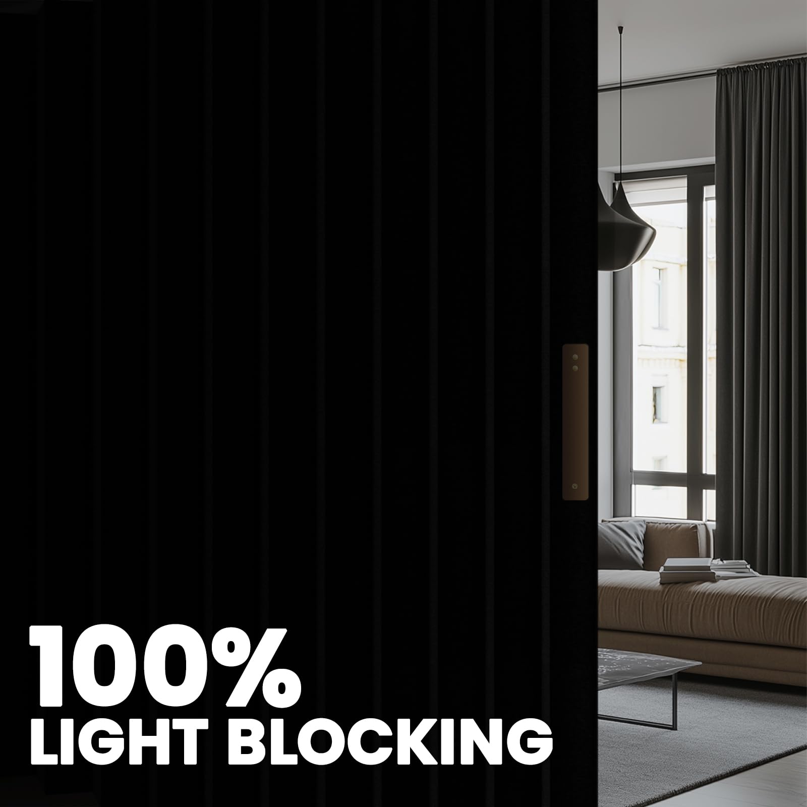 Cortinas divisoras de acordeón 100 % opacas, con pista de techo flexible, cortinas a prueba de sonido, adecuadas para dormitorio, patio, puerta corrediza (negro, 100 pulgadas de ancho x 84 4
