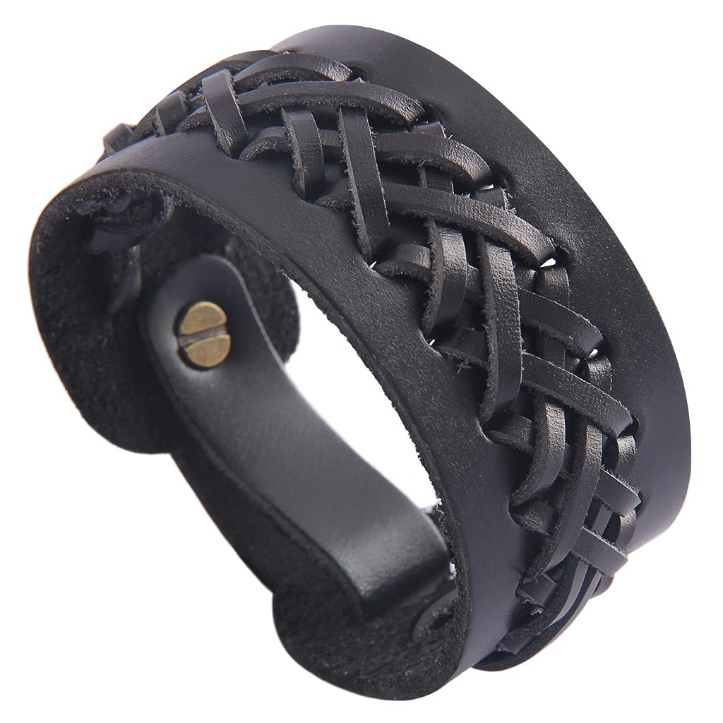 Jeilwiy Punk Leather Wristbands for Men Bracelets Handmade Wide Cuff Bangle Braided Jewelry Black Brown Adjustable - Punk Father's Gifts