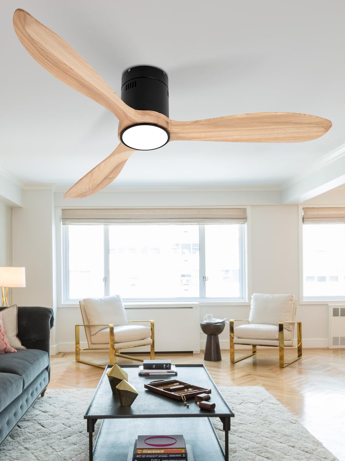 VACILL Flush Mount Ceiling Fan with Light,Low Profile Ceiling Fan,Natural Wooden Fan Blades,6 Speed,LED Dimmable,DC Motor,52 inch,Natural Wood Blade