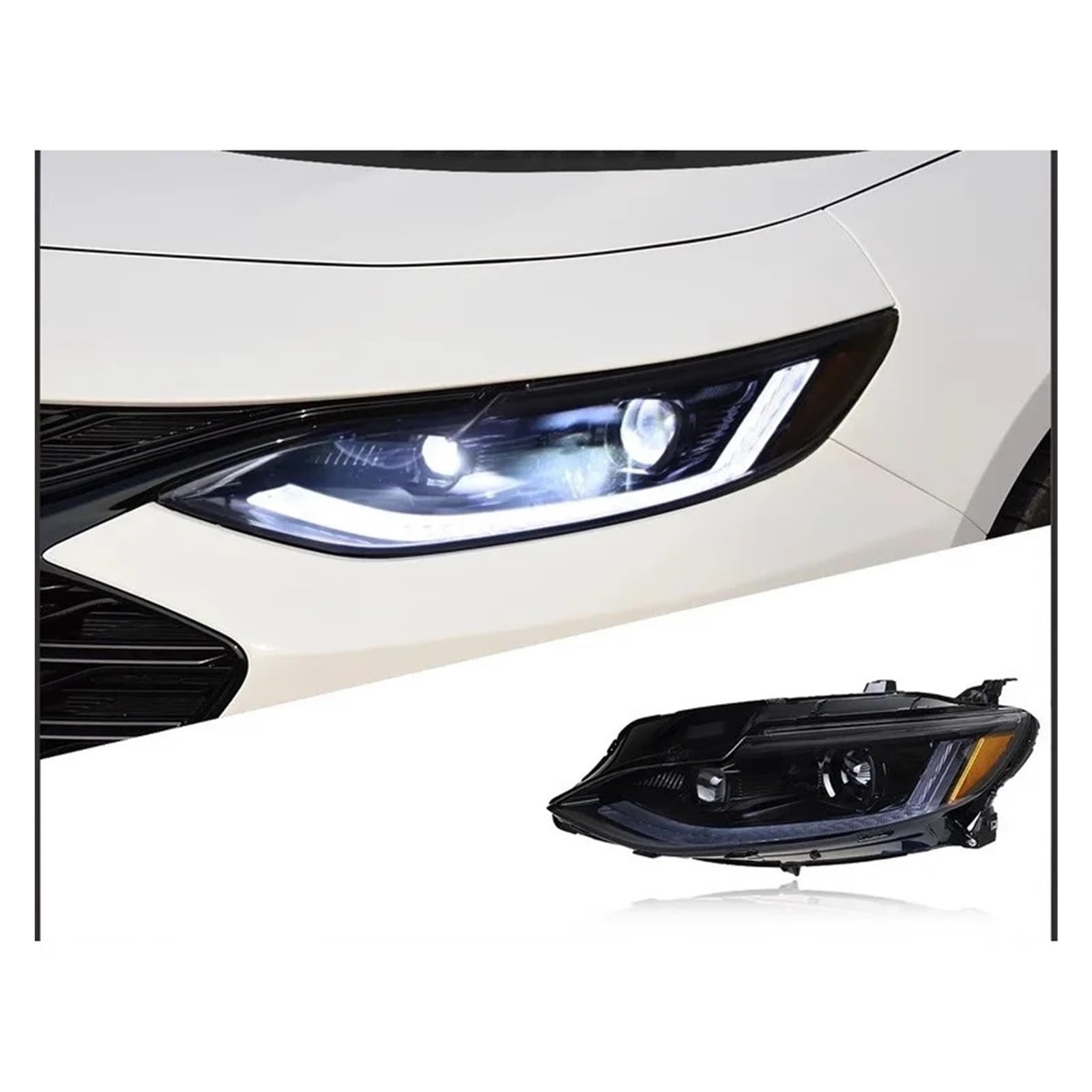 Gruppo Ottico Anteriore per Chevrolet Malibu 19-23 con Lente modificata, luci diurne e indicatori di direzione.