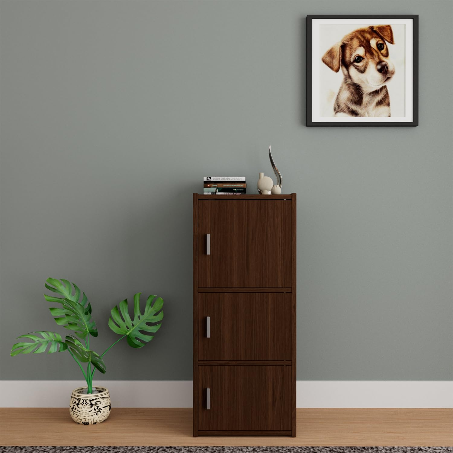 HomeTown Albert Cabinet (Oak, 3 Tier), Brown | Engineered Wood Storage Rack with Magnetic Doors | Natural Oak Finish | Multi-Purpose Shelf Unit for Home & Office | 1-Year Warranty