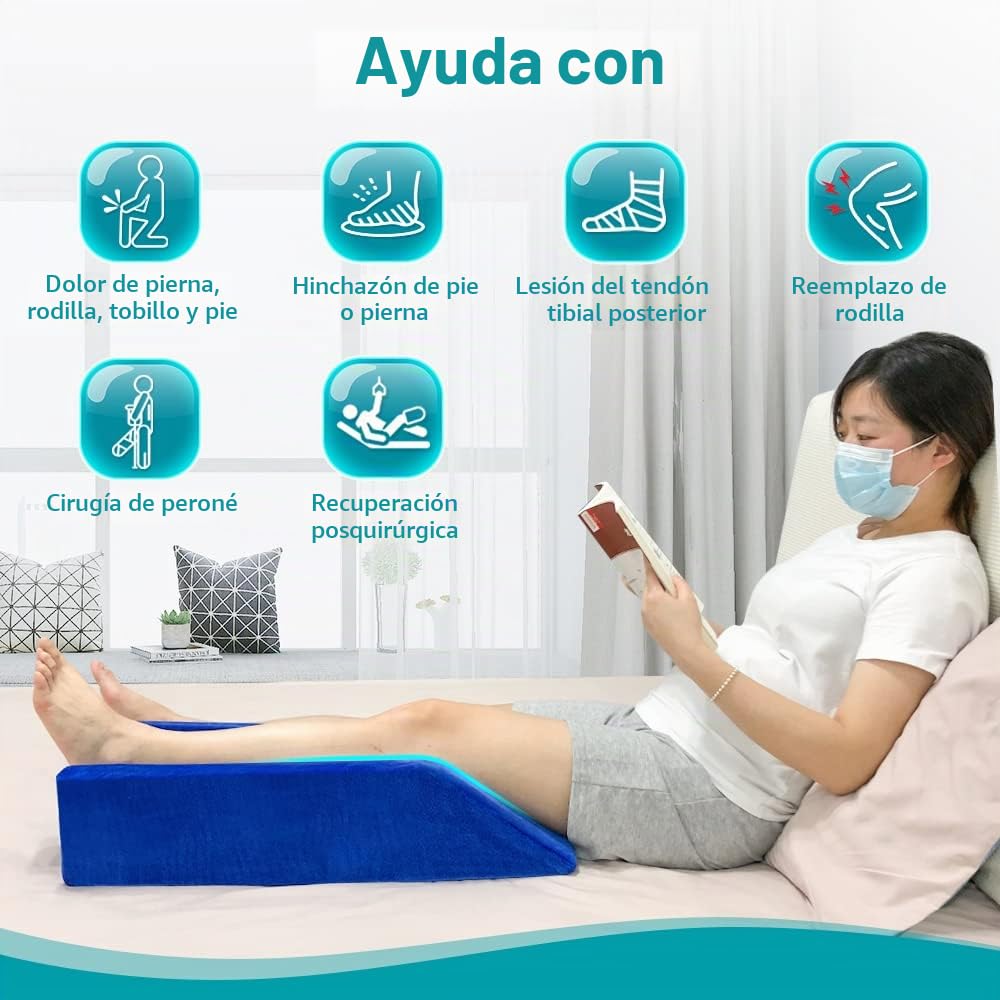 Almohada de cuña de elevación de piernas, almohada de descanso de pierna para dormir después de la cirugía, soporte de rodilla, espuma para cama, cuñas, piernas (azul, 65 cm de largo)