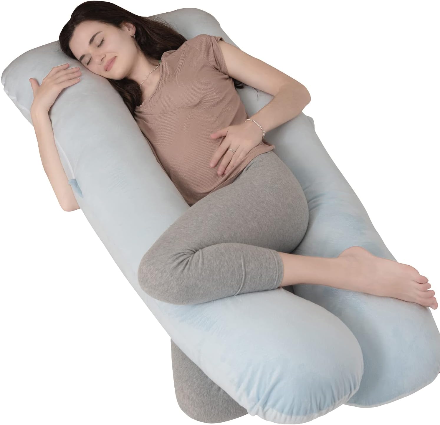 JOHNPEY Pregnancy Pillows for Sleeping, U Shaped Full Body Pillow - Pregnancy Must Haves Maternity Pillow with Removable Velvet Cover, 55inch, Babyblue