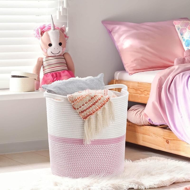 Image of Large Basket Natural Cotton Rope Storage Basket and Hamper for Cloths and Multi Usage in Living Room, Bedroom, Laundry Room (Size - 14 inch x 14 inch x 18 inch) (Pink Mix)