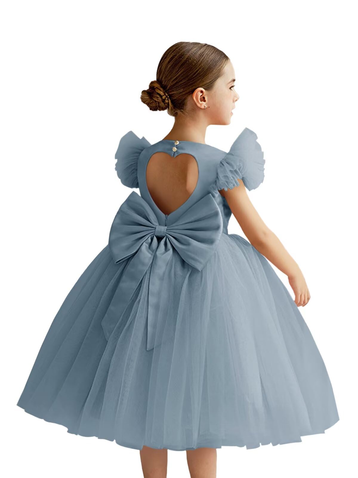 zikusel Tulle Flower Girl Dress for Wedding Puffy Satin Ruffle Sleeve Ball Gowns Tea Length Bow Knot Princess Dress