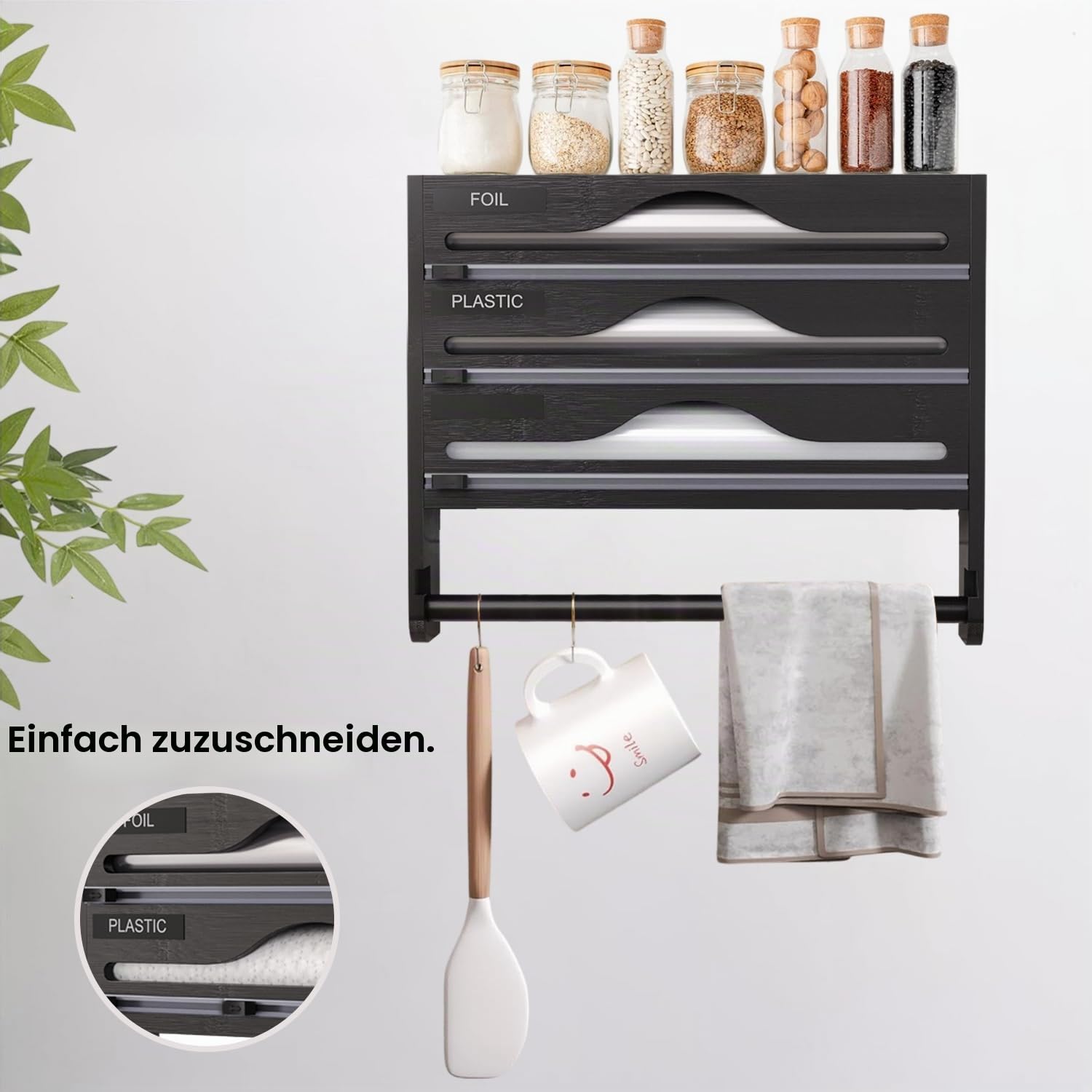 Folienschneider Frischhaltefolienspender mit Schneider und Küchenrollenhalter, Alufolienspender und frischhalte & Gewürzregal, Küche Wandrollenhalter für Frischhaltefolie und Alufolie Kompatibel 12"