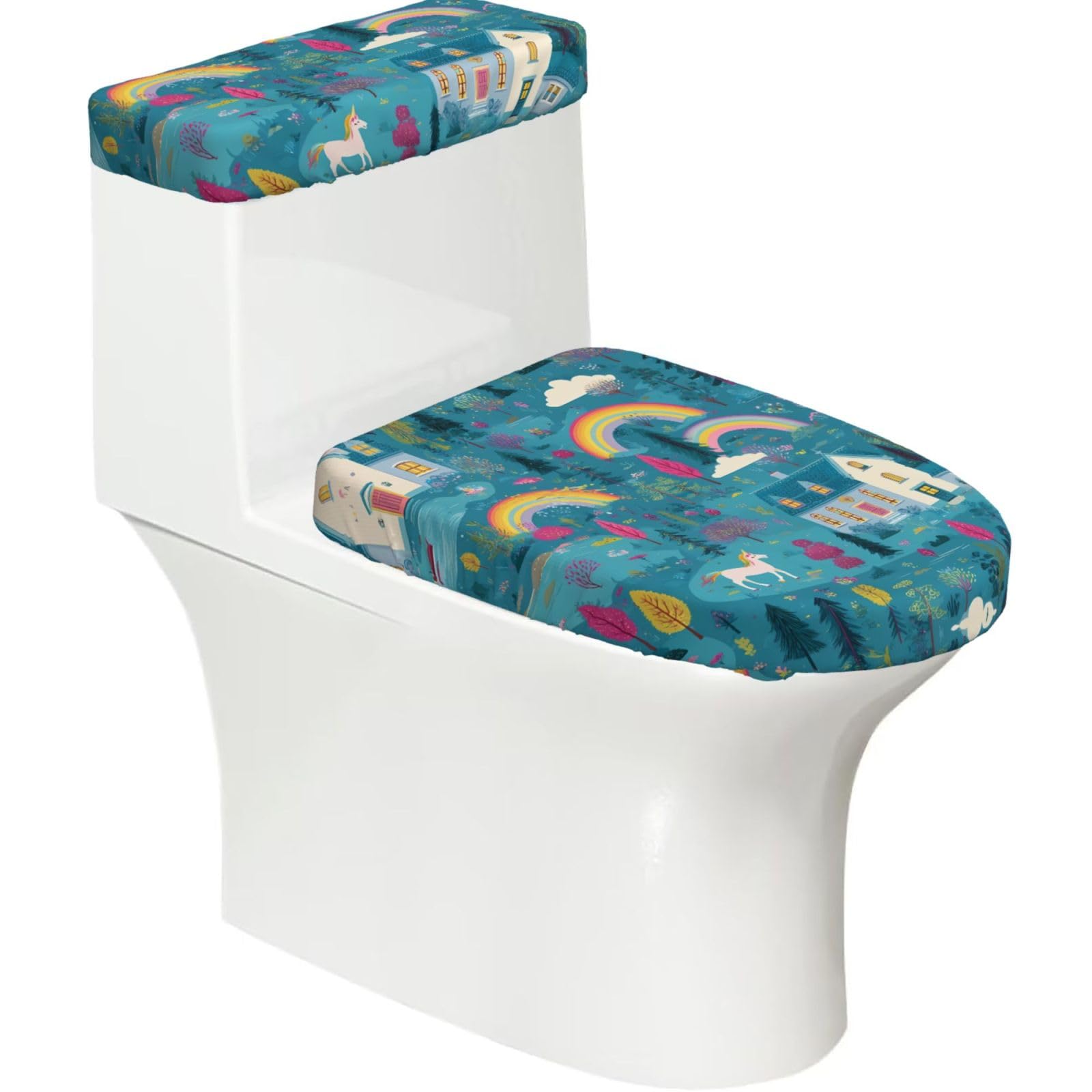 Horse Under the Rainbow 2-Piece Toilet Seat Cover Set with Tank Lid - Elastic for U-Shape & Elongated - Bathroom Decor