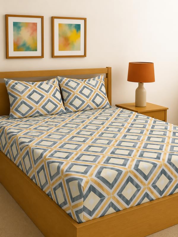 Image of Fitted Sheet Multicolor Diamond Geometric Print Fitted Bedsheet | Glace Cotton 140 TC | Single Size (36x75 inch) with 2 Pillow Covers (18x28 inch) | Deep Pocket up to 10 Inches - Soft & Comfortable